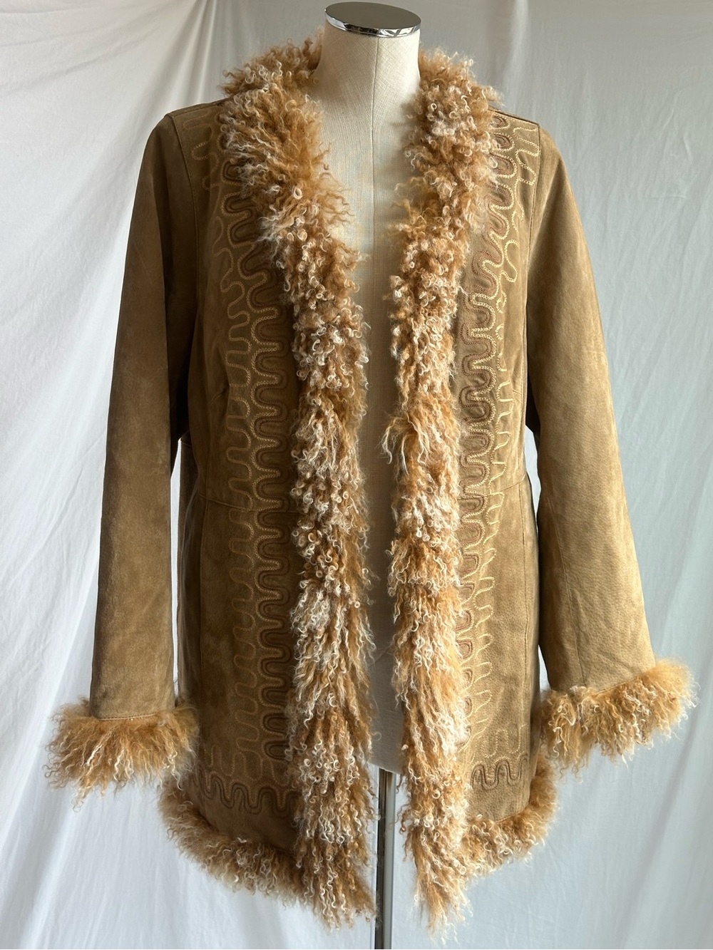 Lane Bryant Y2K Penny Lane Suede + Mongolian Fur Embroidered Coat | Size 14 / 16